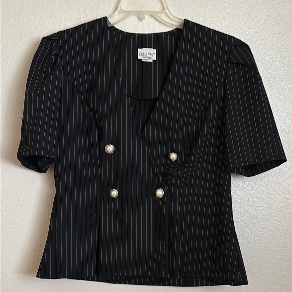 Vintage Black Pinstripe Women's Top with Faux Pearl Buttons